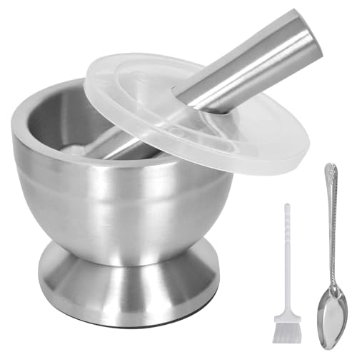 KYSUN Mortero de Acero Inoxidable, Juegos de Mortero y Mano, Acero Inoxidable Mortero Cocina, Trituradora y Tazón de Hierbas, Mortero de Especias con Tapa de Plástico, Cepillo y Cuchara