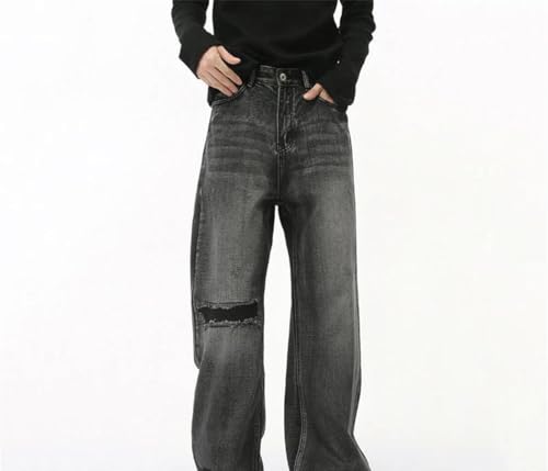 Men Ripped Jeans Loose Fit Casual Straight Denim Pants Summer High Waist Wide Leg Trousers2