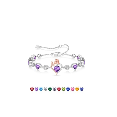 Iefil Valentines Day Gifts for Her - 925 Sterling Silver Heart Birthstone Bracelets for...