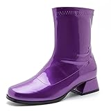 Gogo Boots For Women's Mid Calf Chunky Block Heel Zipper Purple 41 - US 9.5