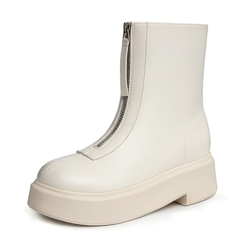Athlefit Women's Platform Ankle Boots Short Comfortable Round Toe Chunky Low Heel Boots with Front Zipper