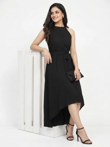 Image of Women Fit & Flare High Low Midi Dress | Sleeveless Round Neck One Piece Dress with Waist Tie Detail | Flowy Western Dress for Party and Casual Styling