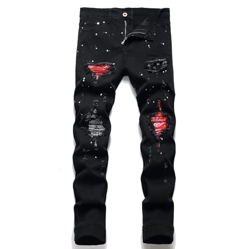 OIIIO Men's Patch Ripped Stretch Regular Fit Jean (32, Black-6616)