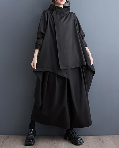 ellazhu Women's Coat Button Long Sleeve Flowy Hem Zipper Solid Black Oversize Loose Fall GZ255 A3