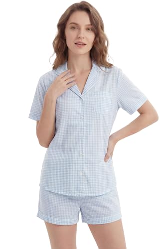 Image of LUBOT 100% Cotton Pajamas for Women 2 Piece PJ Set Poplin Woven Lightweight Ladies Button Short Sleeve Sleepwear S-XXL