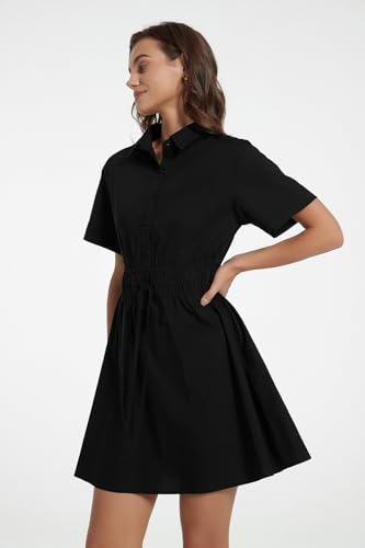 Image of D-Sun Women Casual Button Down Shirt Dress V-Neck Short Sleeve Tie Waist Mini Shirt A-Line Flowy Elegant Short Party Dress