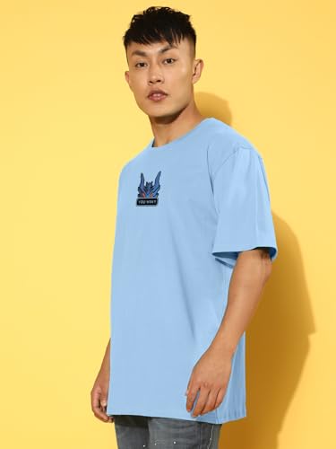 Image of Veirdo Pure Cotton Oversized Baggy Fit Drop Shoulder Stylish and Graphic Printed Round Neck Half Sleeves T-Shirt for Men (Available Color Options: Black, Green, Royal Blue, Lilac & Sky Blue)