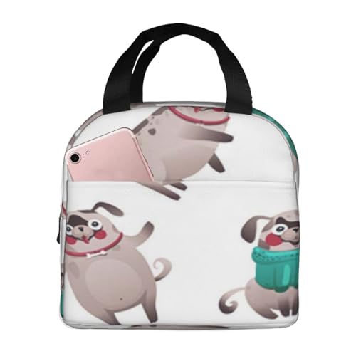 断熱ランチバッグ、大容量、防水、熱漏れ防止、スタイリッシュで丈夫、仕事、学校、アウトドア活動に便利、男女兼用(動物のかわいい犬パグキャラクターベクターシームレスパターンホワイト)