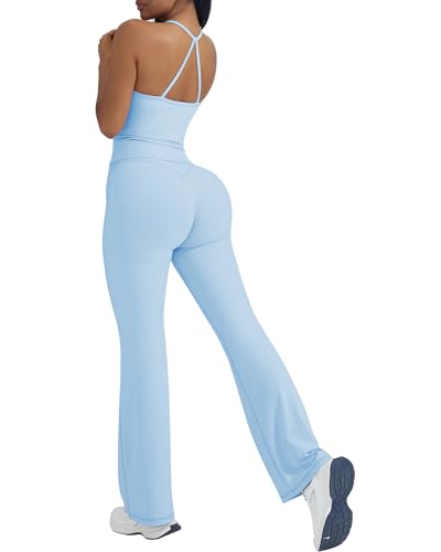 OMKAGI 2 Piece Workout Sets for Women Padded Tank Tops Flare Leggings Pilates Outfits