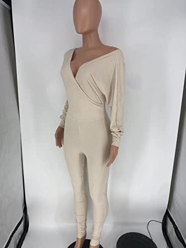 Echoine Womens Sexy V Neck Jumpsuits Ribbed Knit Long Sleeve Bodycon One Piece Outfits Off Shoulder Club Outfits White S #TOP3