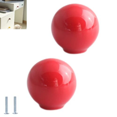 2 boutons de placard rouges à trou unique, boutons d'armoire ronds colorés en céramique, poignées de tiroir rondes colorées et mignonnes en céramique.