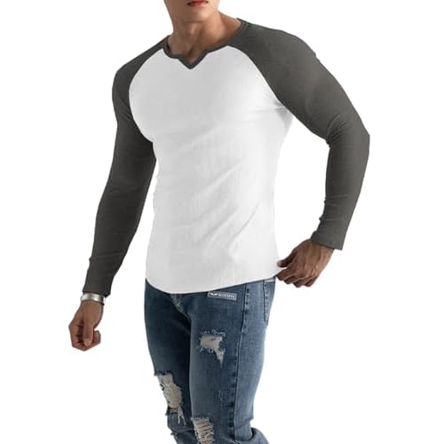 Muscle Cmdr Men's Henley Long&Short Sleeve T-Shirt Slim Fit V Neck Shirts Stretch Tee Casual Underwear Athletic Medium Weight X-Small White&grey