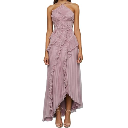 Women Ruffle Pleated Long Dress Sleeveless Halter Irregular Tiered Pleated Flowy Chiffon Dresses for Wedding Guest Pink