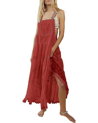 ebossy Women's Laced Embroidered Tulle Bib Dress Casual Loose Adjustable Straps Maxi Dress (M, Red)