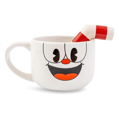 Toynk Cuphead Ceramic Coffee Mug and Straw | Large Cup For Tea, Espresso, Cocoa | Holds 20 Ounces Cover