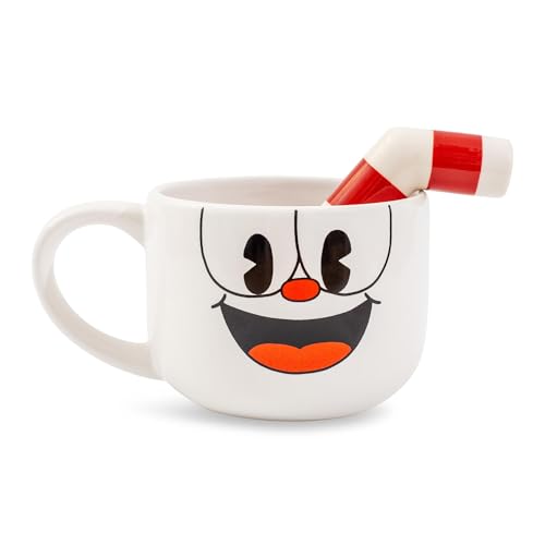 Toynk Cuphead Ceramic Coffee Mug and Straw | Large Cup For Tea, Espresso, Cocoa | Holds 20 Ounces