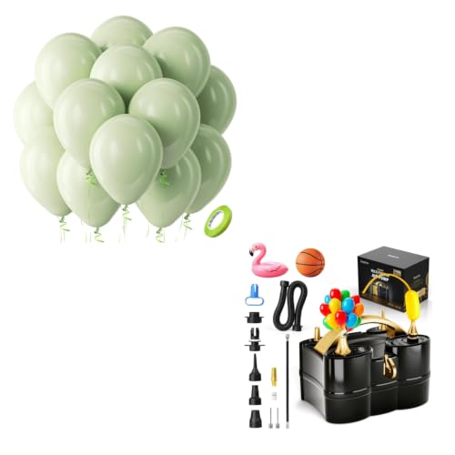 Image of Sage Green Balloons Latex Party Balloons - 100 Pack 12 inch Round Helium Dusty Boho Green Balloons and Electric Balloon Pump