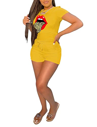 Topsrani Womens Two Piece Outfits Bodycon Tracksuit Sweatsuits Lip Print Jogger Biker Workout Lounge Shorts Pant Sets Yellow M #TOP29