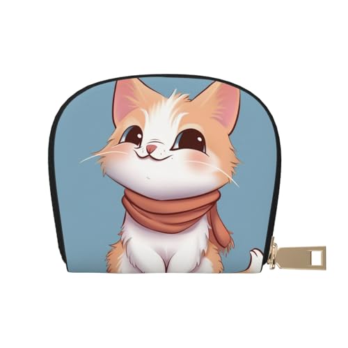 Cartoon cat Printed Leather Half Circle Card Wallet Zipper Card Case Holder, Compact Stylish for Men and Women
