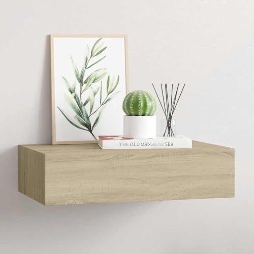 Mokuyary Estante con cajón de Pared MDF Roble 40x23,5x10 cm Estantería de Pared con 2 Cajones Mesita de Noche Flotante Estante con Cajón para Recibidor Dormitorio