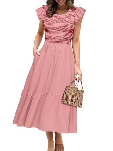 Image of Simplee Womens Summer Midi Dress Casual Boho Smocked Waist Flutter Sleeve A Line Flowy Tiered Dress with Pockets