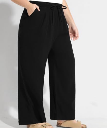 TIYOMI Plus Size Pants for Women Summer Palazzo Pants Drawstring Wide Leg Pant Casual Beach Pant Workout Comfy Trousers with Pockets 5X Black Vacation Outfits 5XL 28W4
