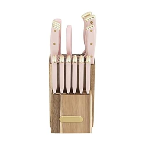 Farberware 15-Piece Triple Riveted Acacia Knife Block Set, High Carbon-Stainless Steel Kitchen Knives with Ergonomic Handles, Razor-Sharp Knife Set, Pink and Gold
