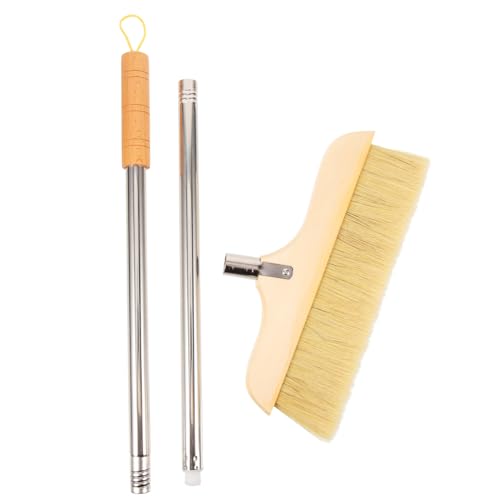 KOMBIUDA Natural Wood Bristle Broom Stainless Steel Pole for Hardwood Tile Surface Cleaning
