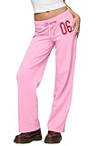 Alaurbeauty Pantalones de chándal anchos y rectos para mujer, con cordón, cintura baja, pantalones de chándal holgados con números Y2K, Rosa., L