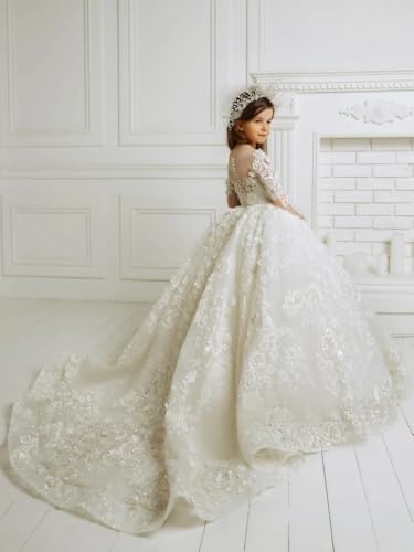 Custom Flower Girl Dresses Rose Flowers Appliques Embroidery with Trailing Long Sleeve for Wedding Birthday Party Holy Communion Banquet Princess Gown3