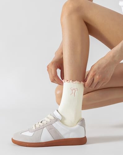 Image of Yawlsow Cute Pilates Grip Socks for Women Ruffle Frilly Yoga Socks Non Slip Cotton Crew Grippy Sock for Barre Workout
