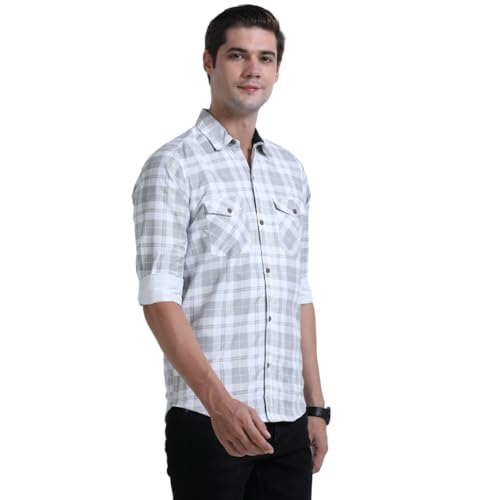 Image of Rocket Science Men's Cotton Blend Slim Fit Double Pocket Checked Casual Shirt.