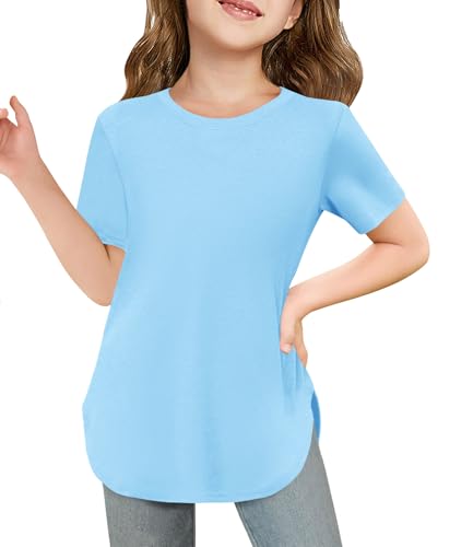 Image of Haloumoning Girls Short Sleeve T Shirts Summer Crewneck Shirt 5-14 Years | Casual, Solid, Loose Fit, Basic tees, Curve Hem, Soft Tunic Tops