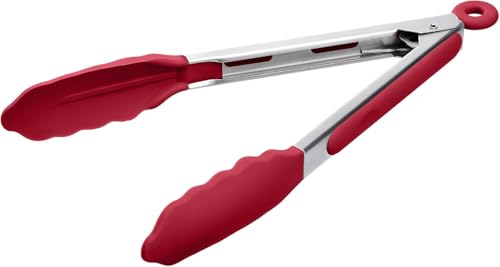 Image of Premium Steel and Siliconel Heat Resistant Kitchen Tongs for Cooking | Non Scratch Silicone Tip for Pans,Air Fryer,Barbeque, Serving | 10 inch - 230C Heat-Resistant (Red) (Pack of 01)