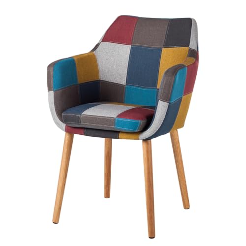 home24 Armlehnenstuhl aus Webstoff & massiver Eiche in Multicolor, Geöltes Echtholzgestell mit strapazierfähigem Patchwork-Bezug, Stabiles Sitzmöbel für den Essbereich