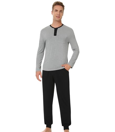 Image of NACHILA Mens Pajamas Set Long Sleeve Henley Sleepwear Top Soft Jogger Pants Pajamas Cool Pjs Set,Viscose Made from Bamboo