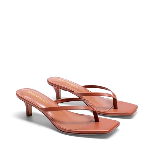 DREAM PAIRS Kitten Heels for Women Flip Flop Low Heels Square Open Toe Sandals Thong 1.96 Inch Heeled Sandals for Summer Vocation,Size 7.5,Brown,SDHS25001W