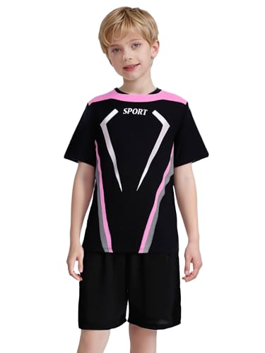 TiaoBug Kids Boys Quick Dry Football Outfit Short Sleeve Letter Printed T-shirt And Athletic Shorts Set Pink 10 Years