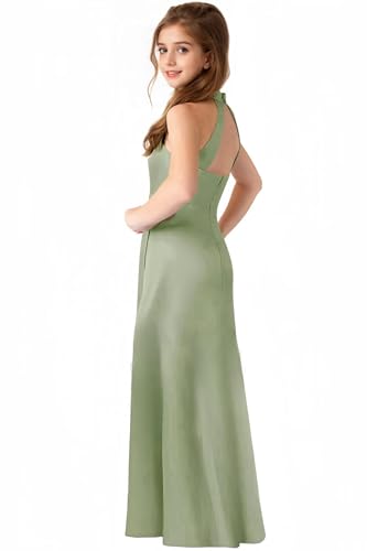 Satin Junior Bridesmaid Dresses for Wedding Halter Neck Formal Flower Girl Dress for Teens with Pocket3