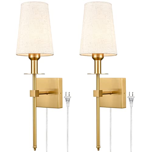 TEENYO Gold Wall Sconces Set of Two Plug in Sconce Light Modern Brass Sconces Wall Lighting with Fabric Shade Wall Lamps for Bedroom Hallway Bathroom Living Room
