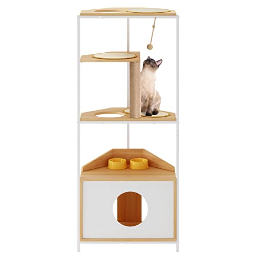 soges Corner Cat Tower, Cat Tree with Scratching Post, Cat Condo with Feeding Station and Climbing Platforms, Pet Furniture for Indoor Cats