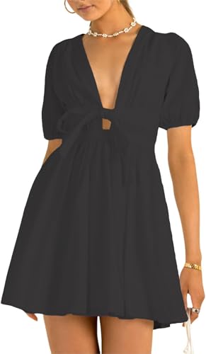 Image of Women's Cute Summer Short Puff Sleeve Tie Cotton Mini Dress
