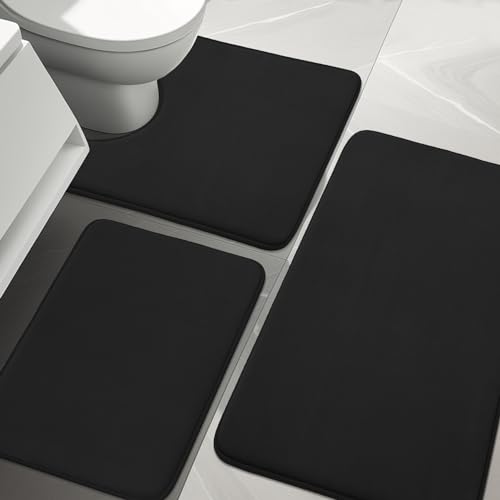 Image of YIHOUSE Bathroom Rug Sets 3 Piece, Memory Foam Bath Mat, Non Slip Super Absorbent Soft Bathroom Mats, Machine Washable Bathroom Floor Mats Sets for Sink,Tub, Shower and Toilet,Black