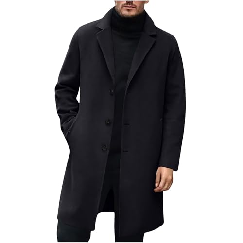 Image of Mens Pea Coats Single Breasted Notched Collar Casual Slim Fit Trench Coat Mid Long Winter Overcoat with Pockets