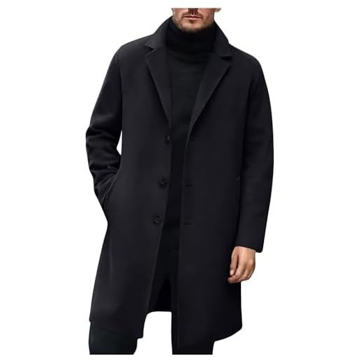 Mens Trench Coat Slim Fit Lapel Collar Fall Winter Single Breasted Pea Coat Vintage Warm Soft Overcoat with Pockets Black