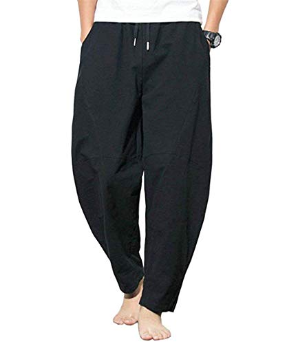PERDONTOO Men's Linen Loose Casual Lightweight Elastic Waist Beach Harem Pants (XX-Large, Black)
