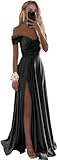 Amastesay Women's Off Shoulder Satin Bridesmaid Dresses for Wedding 2023 Long Ruched A Line Corset Formal Prom Dress with Slit Black US0