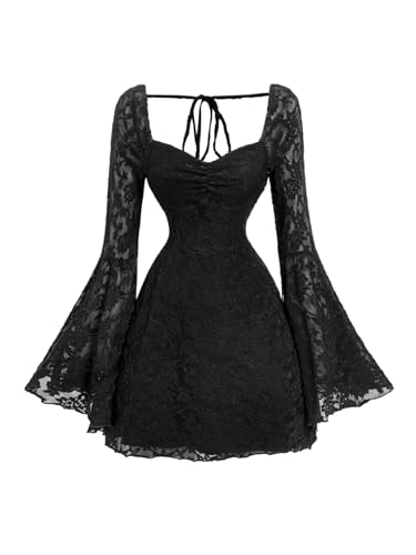 Image of WDIRARA Women's Floral Jacquard Gothic Bell Long Sleeve Dress | Mesh , A Line, Vintage