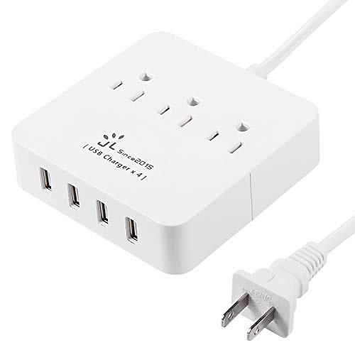 【最新型】J & L 電源タップ USBコンセント 3個口AC差込口 4USB充電ポート付き 一括電源スイッチ付きテーブルタップ 雷ガード 1.5m延長コード (ホワイト)