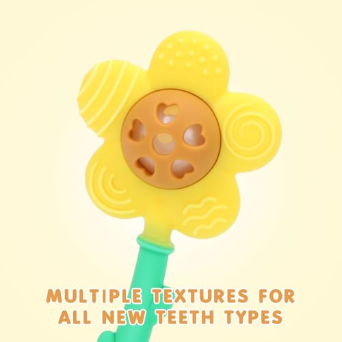 Image of Baby Teething Toys 3-6 Months, Teether and Sensory Rattle for Babies 0-6 Months, Food Grade Silicone Teethers 6-12 Months, Infant Teething Relief Chew Toys, Sunnyflower Teether Toy BPA Free - Yellow